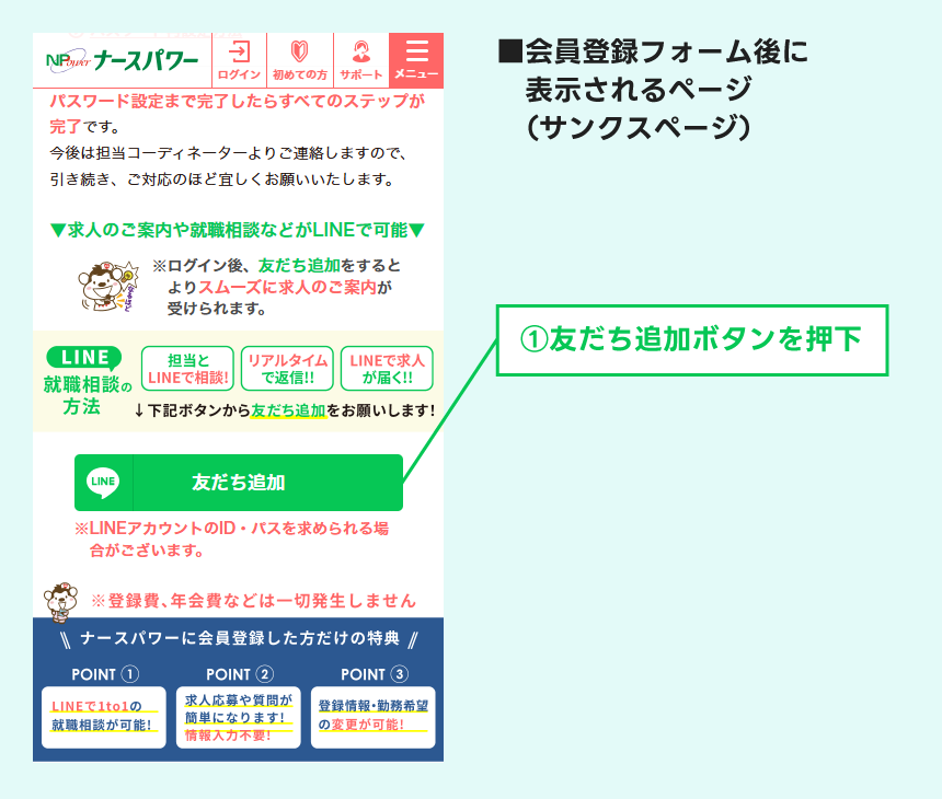 会員登録フォーム後に表示されるページ（サンクスページ）から友だち追加する場合の説明図