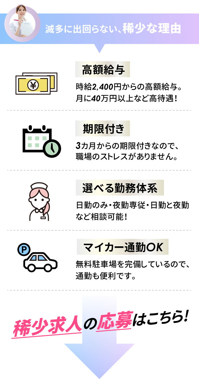 滅多に出回らない、希少な理由！高額給与、期限付き、選べる勤務体系、マイカー通勤OK！