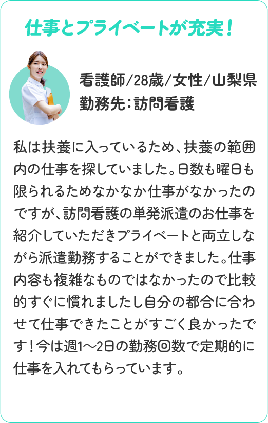 仕事とプライベートが充実！看護師/28歳/女性/山梨県/勤務先：訪問看護