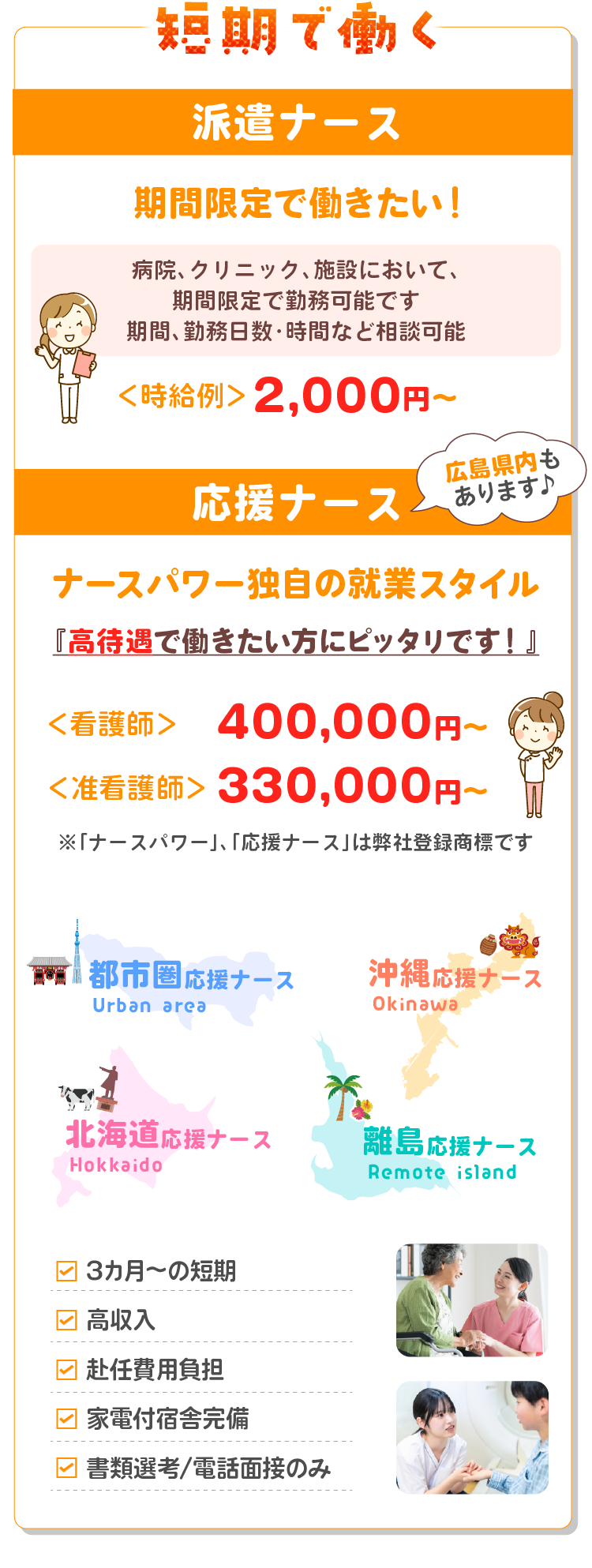 期間限定で働く、派遣ナース！ナースパワー独自の就業スタイル、応援ナース！病院、クリニック、施設において、期間限定で勤務可能です。有期雇用、期間・勤務日数相談可能！